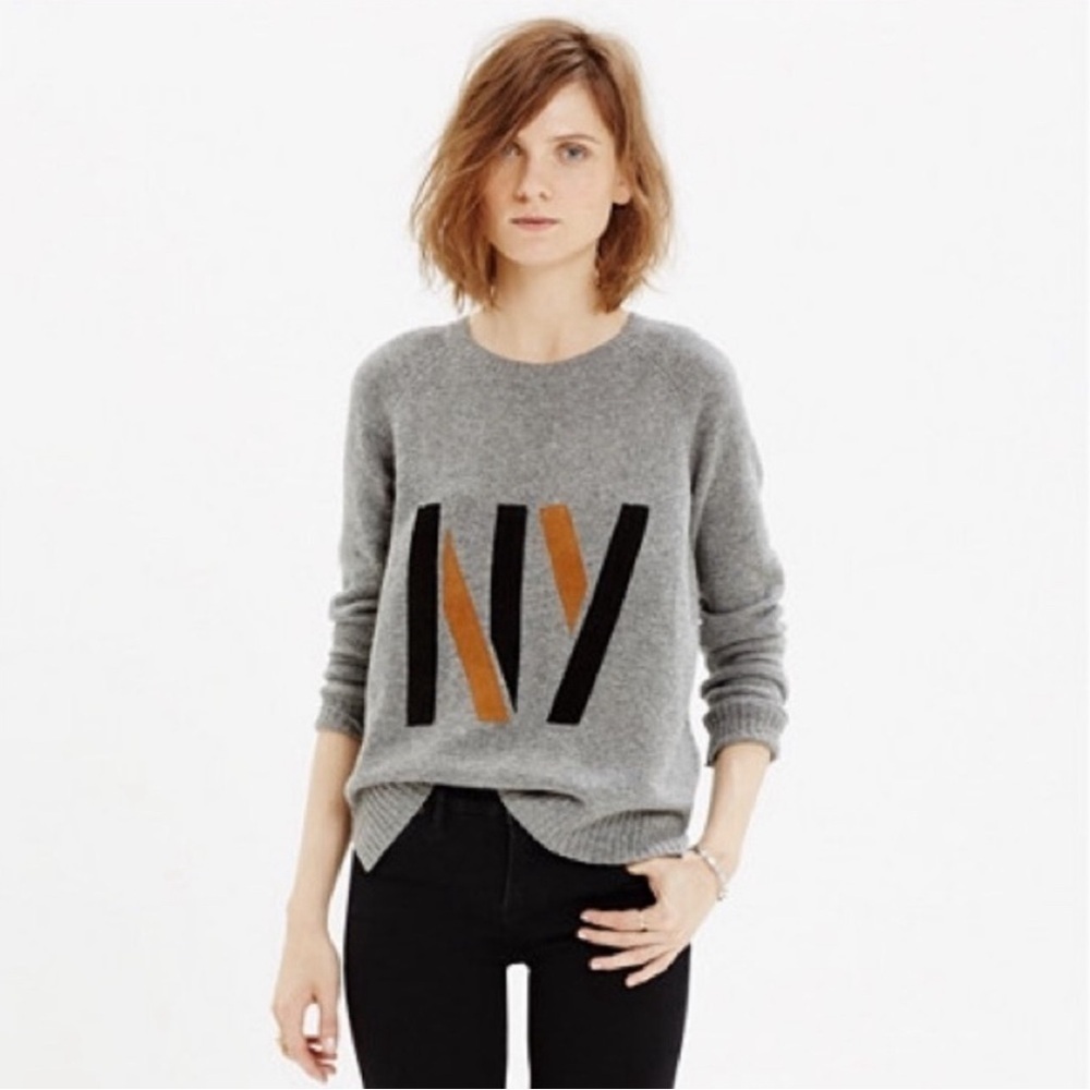 MERINO WOOL S NY Old Money Novelty Cozy Cabincore Leather Sweater Hi-Lo Madewell